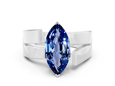 White gold Modern Tension Set Marquise Cut Blue Sapphire Solitaire Wide Band Ring