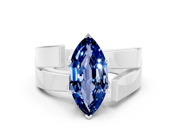 White gold Modern Tension Set Marquise Cut Blue Sapphire Solitaire Wide Band Ring