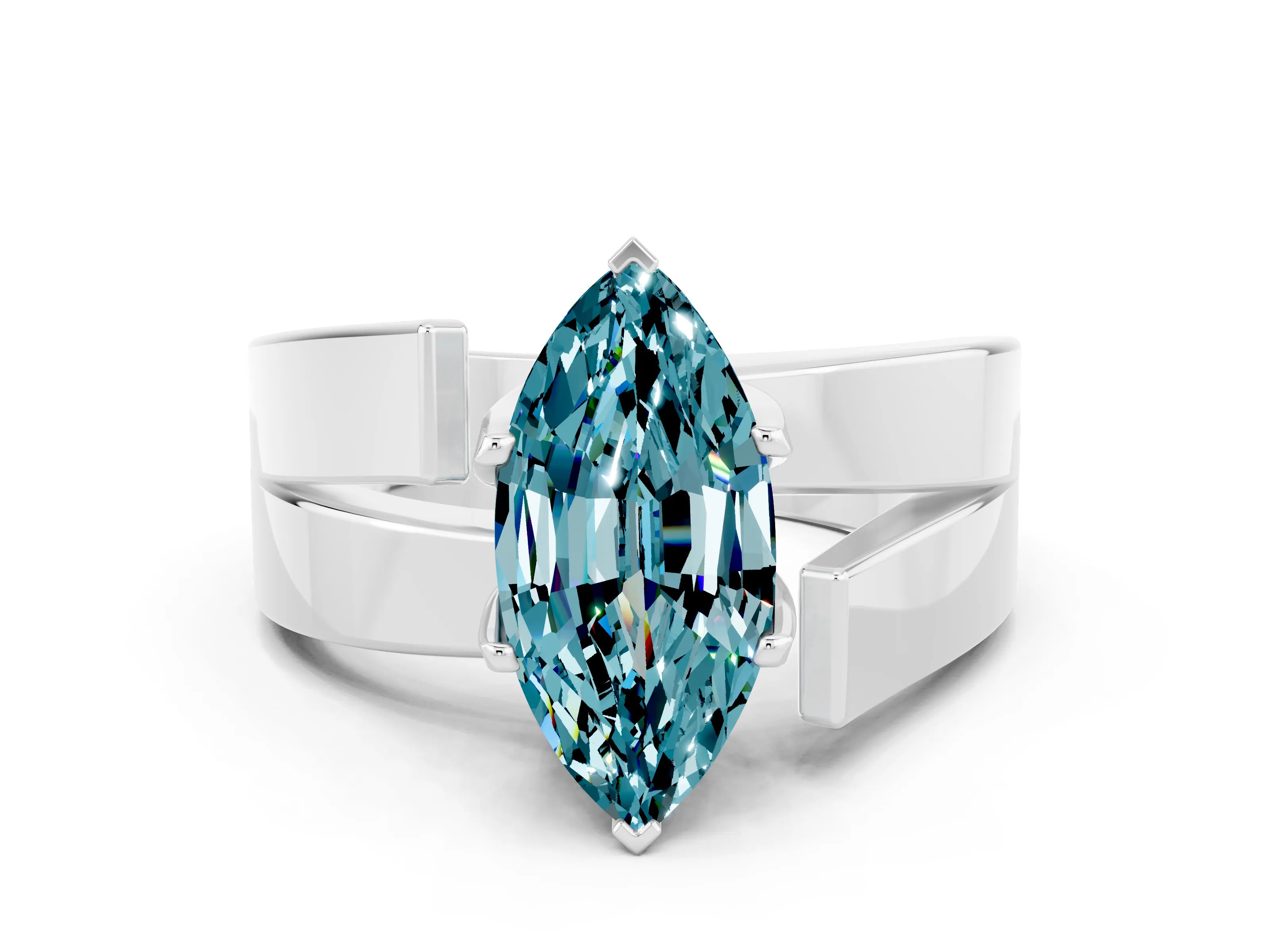 White gold Modern Tension Set Marquise Cut Blue Topaz Solitaire Wide Band Ring