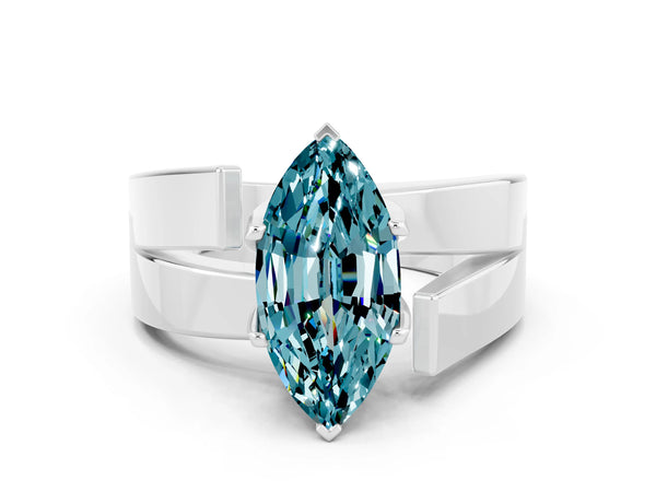 Platinum Modern Tension Set Marquise Cut Blue Topaz Solitaire Wide Band Ring