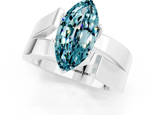 Platinum Modern Tension Set Marquise Cut Blue Topaz Solitaire Wide Band Ring