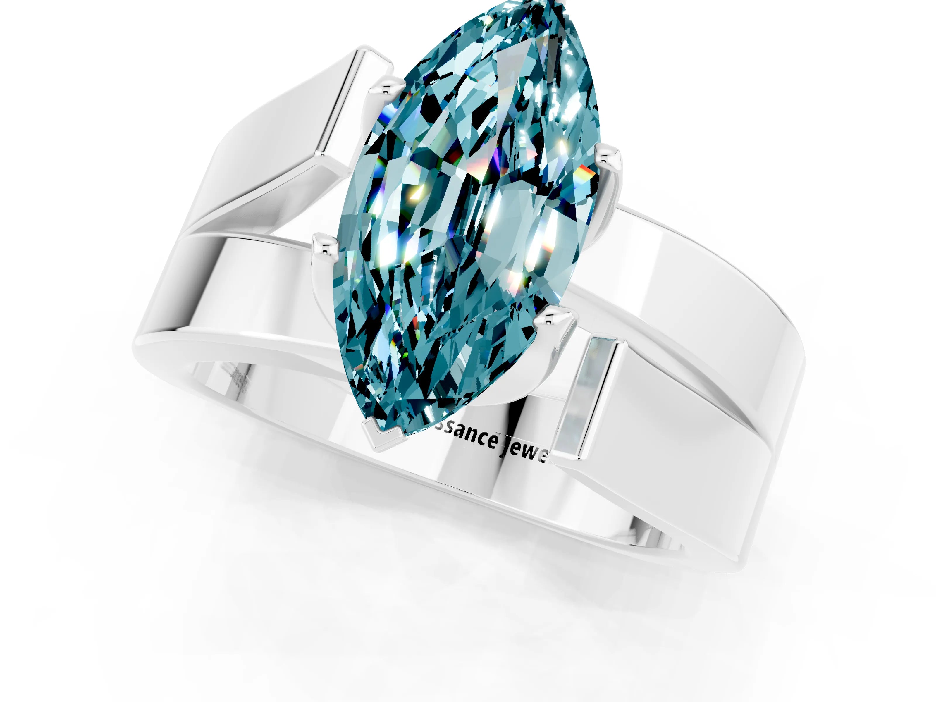 White gold Modern Tension Set Marquise Cut Blue Topaz Solitaire Wide Band Ring_1