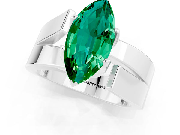 Platinum Modern Tension Set Marquise Cut Emerald Solitaire Wide Band Ring