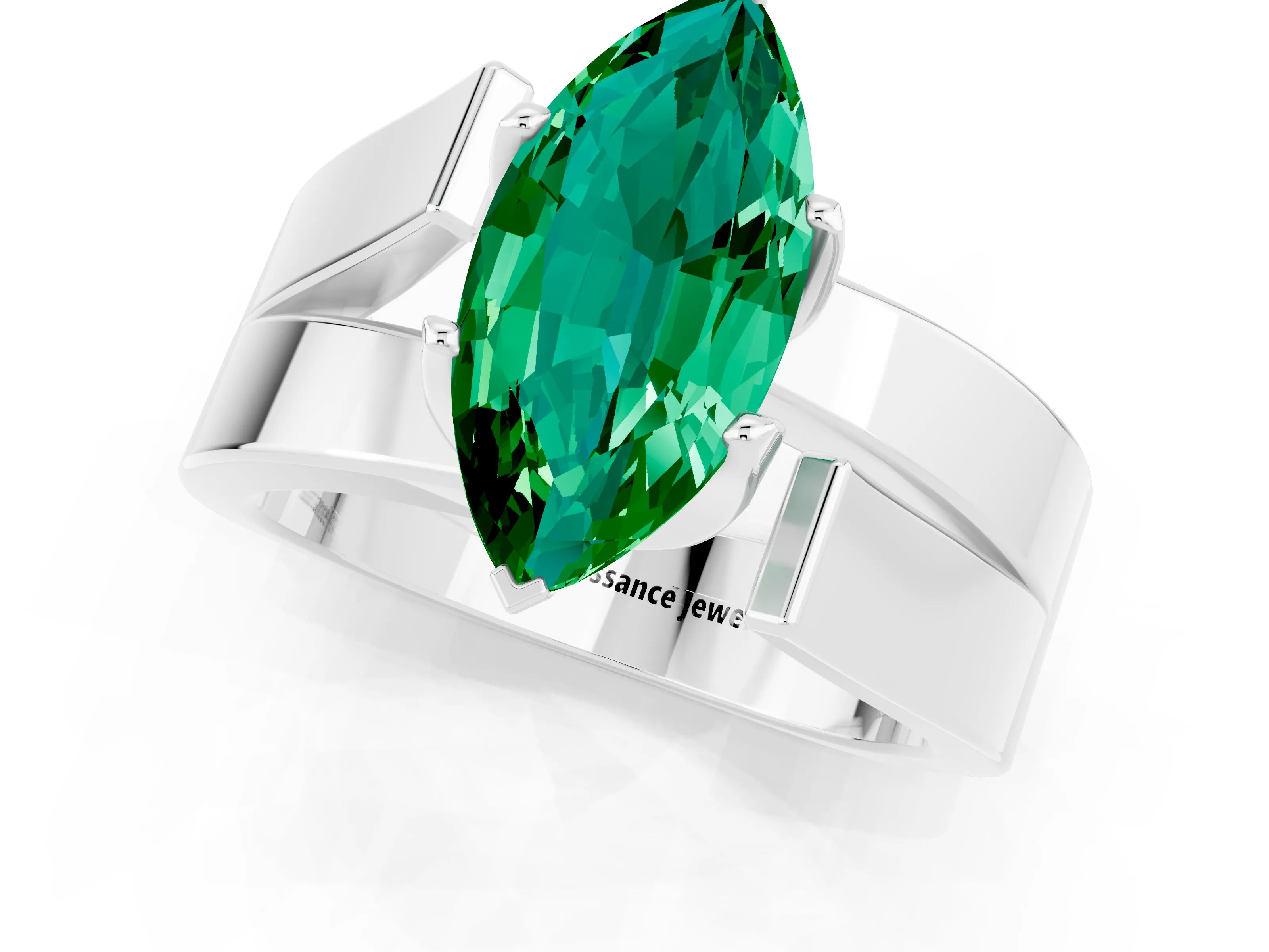 White gold Modern Tension Set Marquise Cut Emerald Solitaire Wide Band Ring_1