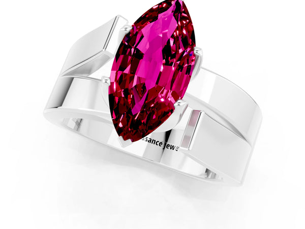 Platinum Modern Tension Set Marquise Cut Garnet Solitaire Wide Band Ring