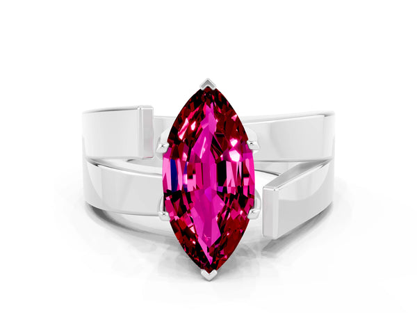Silver Modern Tension Set Marquise Cut Garnet Solitaire Wide Band Ring