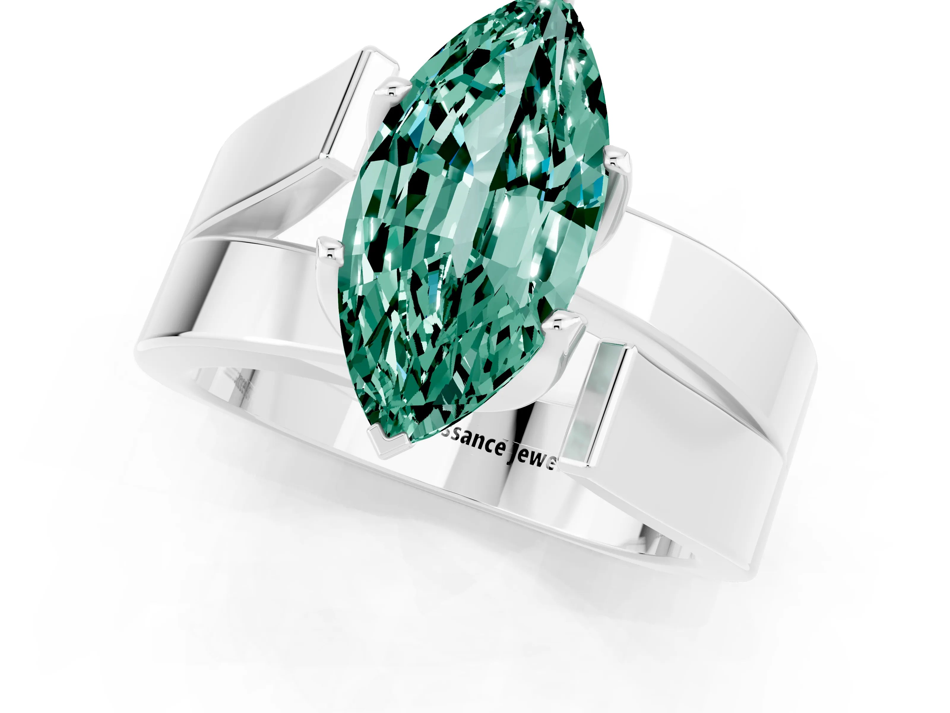 White gold Modern Tension Set Marquise Cut Green Sapphire Solitaire Wide Band Ring_1