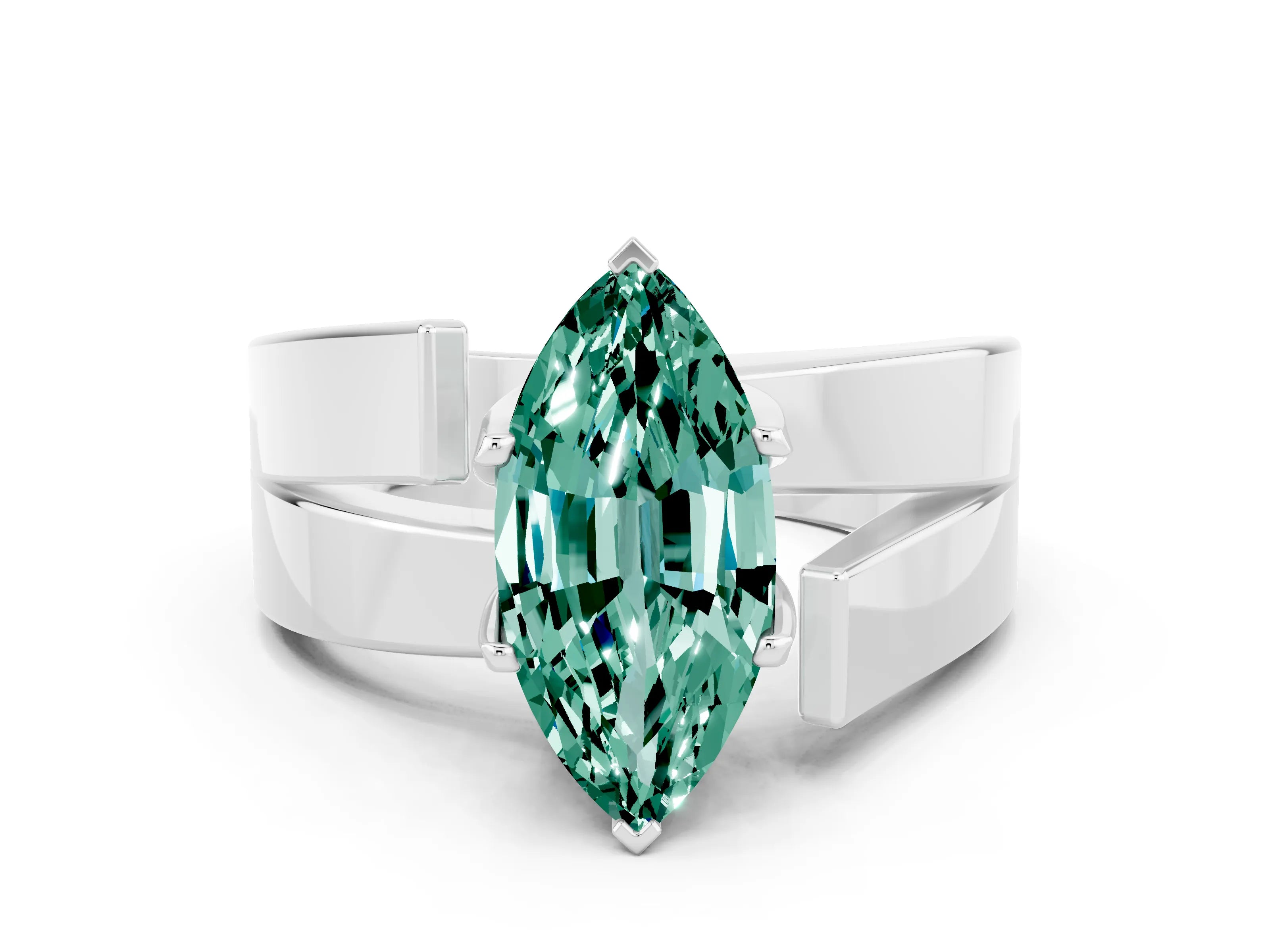 White gold Modern Tension Set Marquise Cut Green Sapphire Solitaire Wide Band Ring