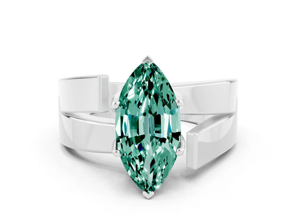 Silver Modern Tension Set Marquise Cut Green Sapphire Solitaire Wide Band Ring