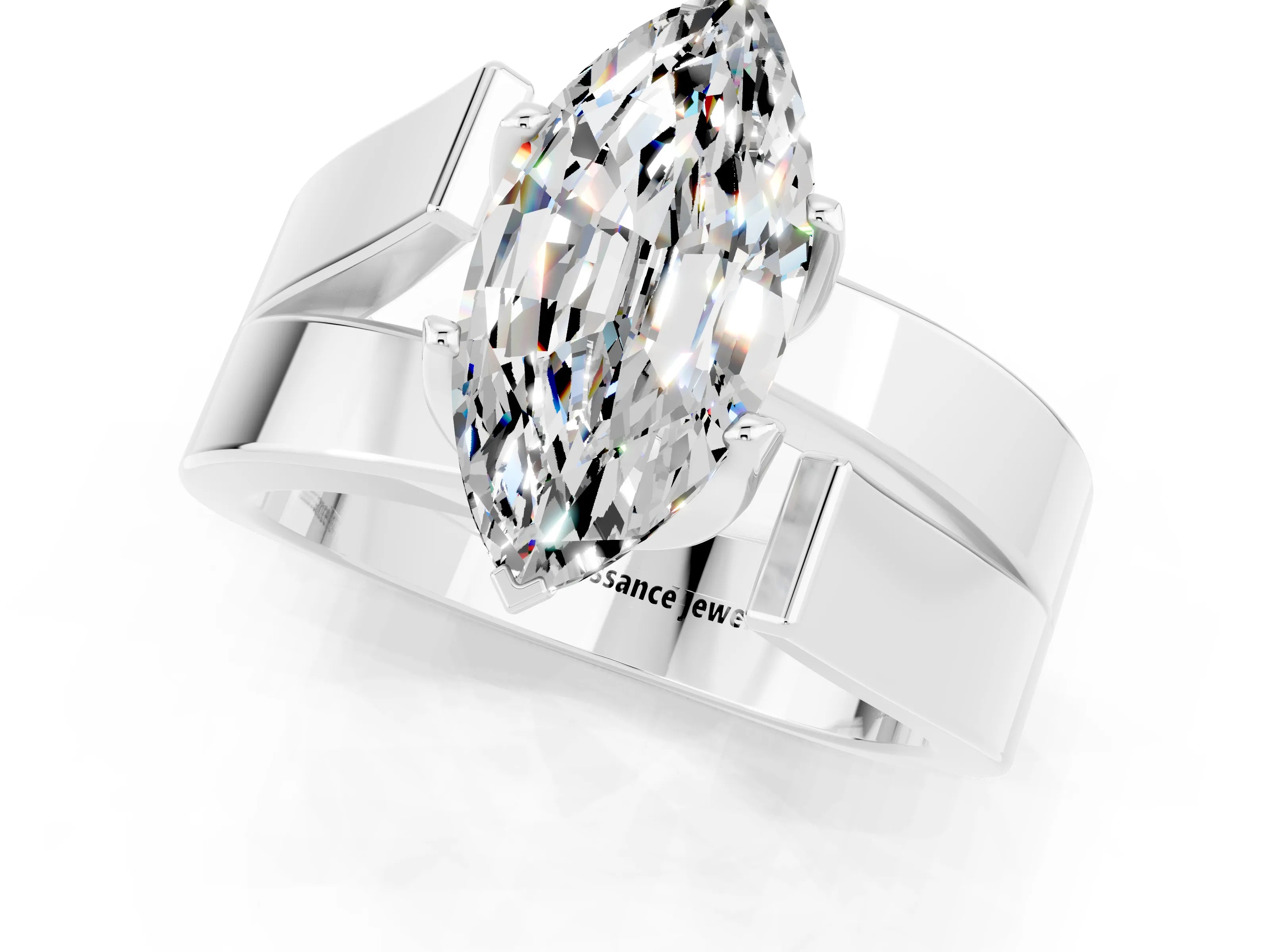 White gold Modern Tension Set Marquise Cut Moissanite Solitaire Wide Band Ring_1