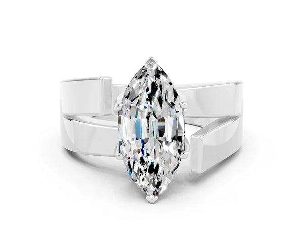 Silver Modern Tension Set Marquise Cut Moissanite Solitaire Wide Band Ring