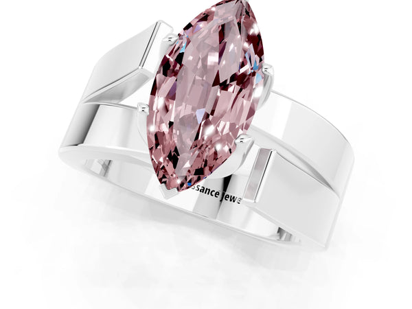 Platinum Modern Tension Set Marquise Cut Morganite Solitaire Wide Band Ring