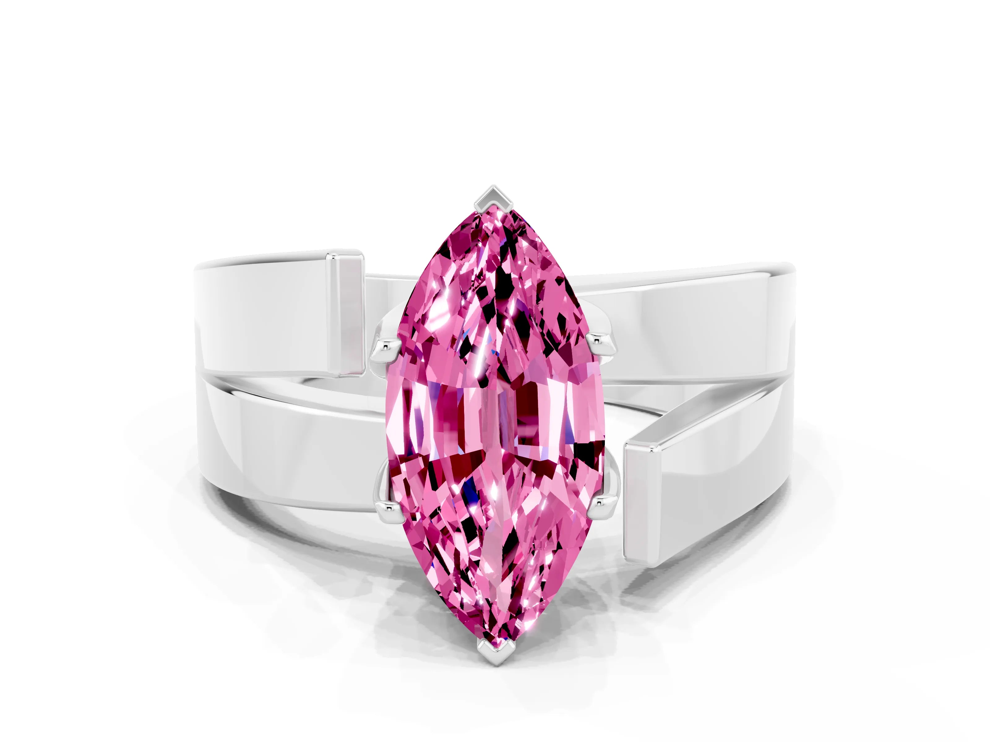 White gold Modern Tension Set Marquise Cut Pink Sapphire Solitaire Wide Band Ring_12