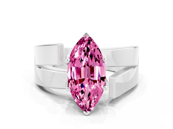 White gold Modern Tension Set Marquise Cut Pink Sapphire Solitaire Wide Band Ring