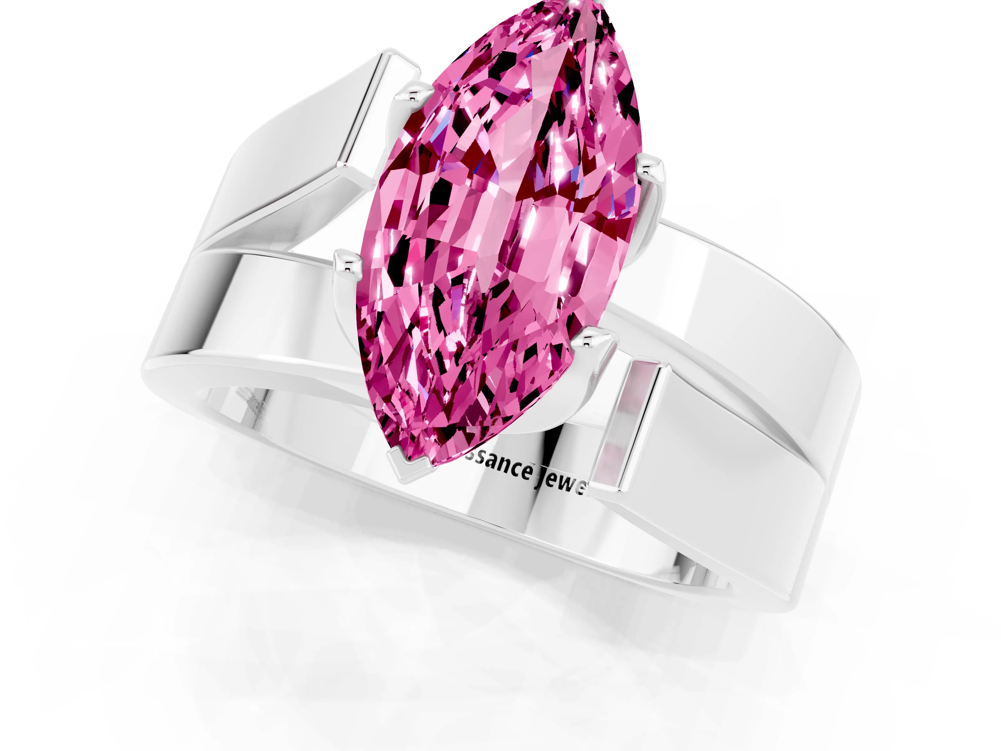 White gold Modern Tension Set Marquise Cut Pink Sapphire Solitaire Wide Band Ring_13