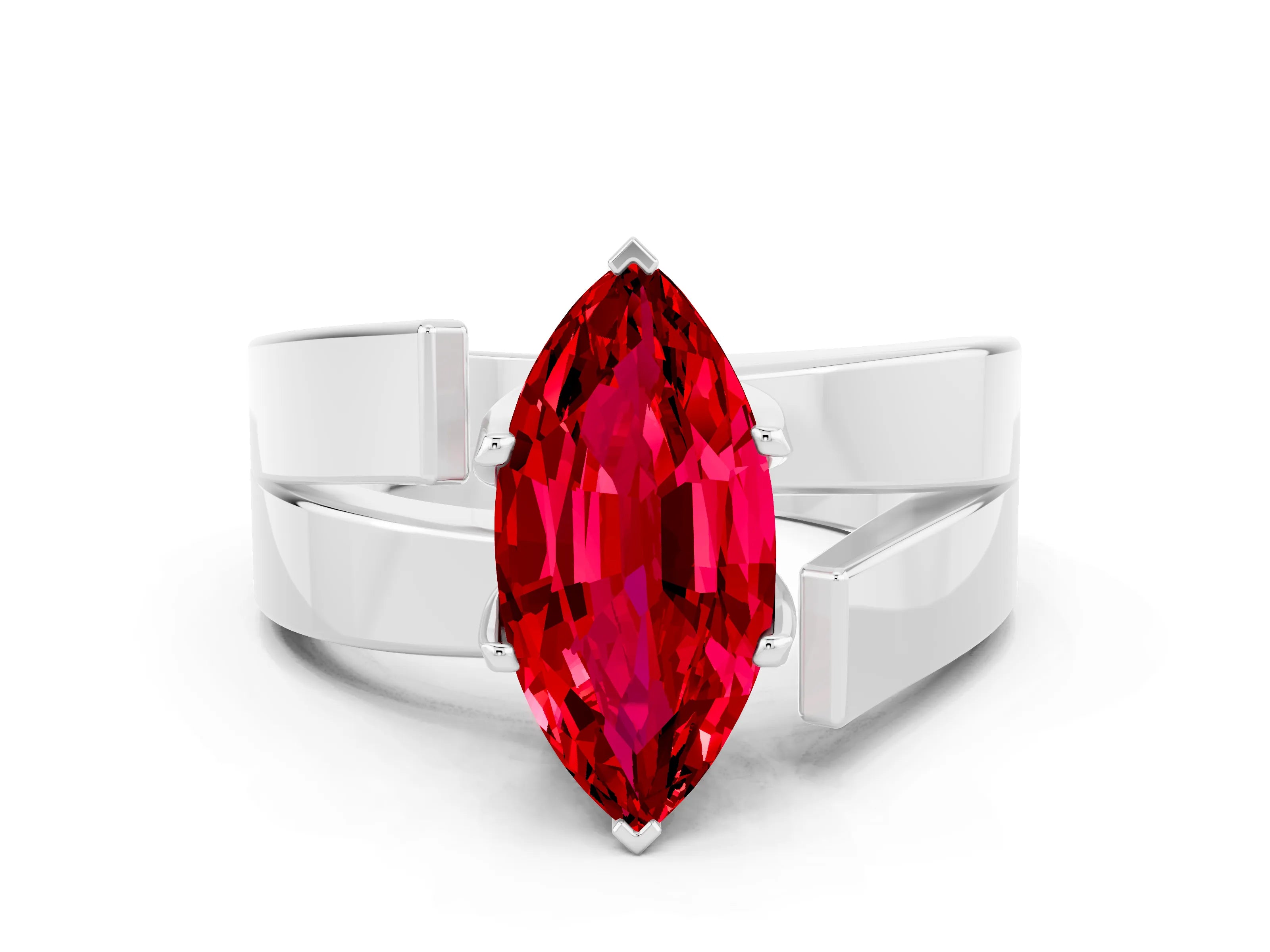 White gold Modern Tension Set Marquise Cut Ruby Solitaire Wide Band Ring