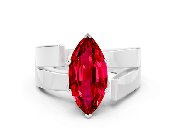 Silver Modern Tension Set Marquise Cut Ruby Solitaire Wide Band Ring