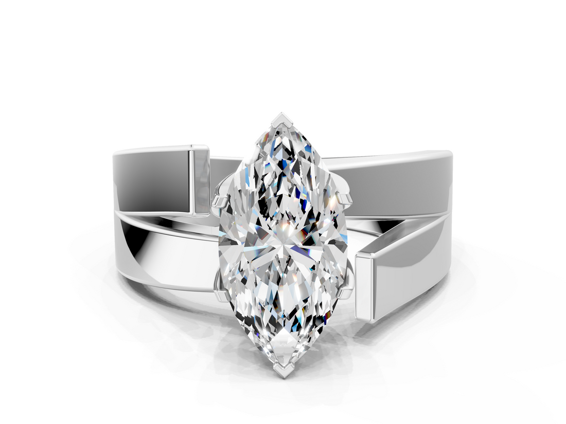 White gold Modern Tension Set Marquise Solitaire Wide Band Ring_162