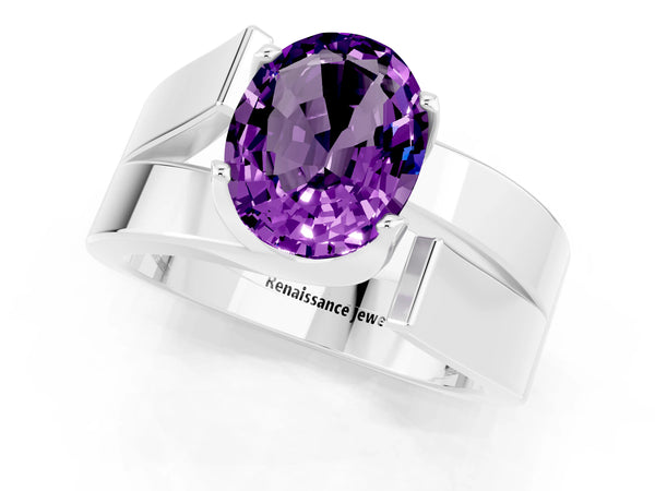 White gold Modern Tension Set Oval Cut Amethyst Solitaire Wide Band Ring
