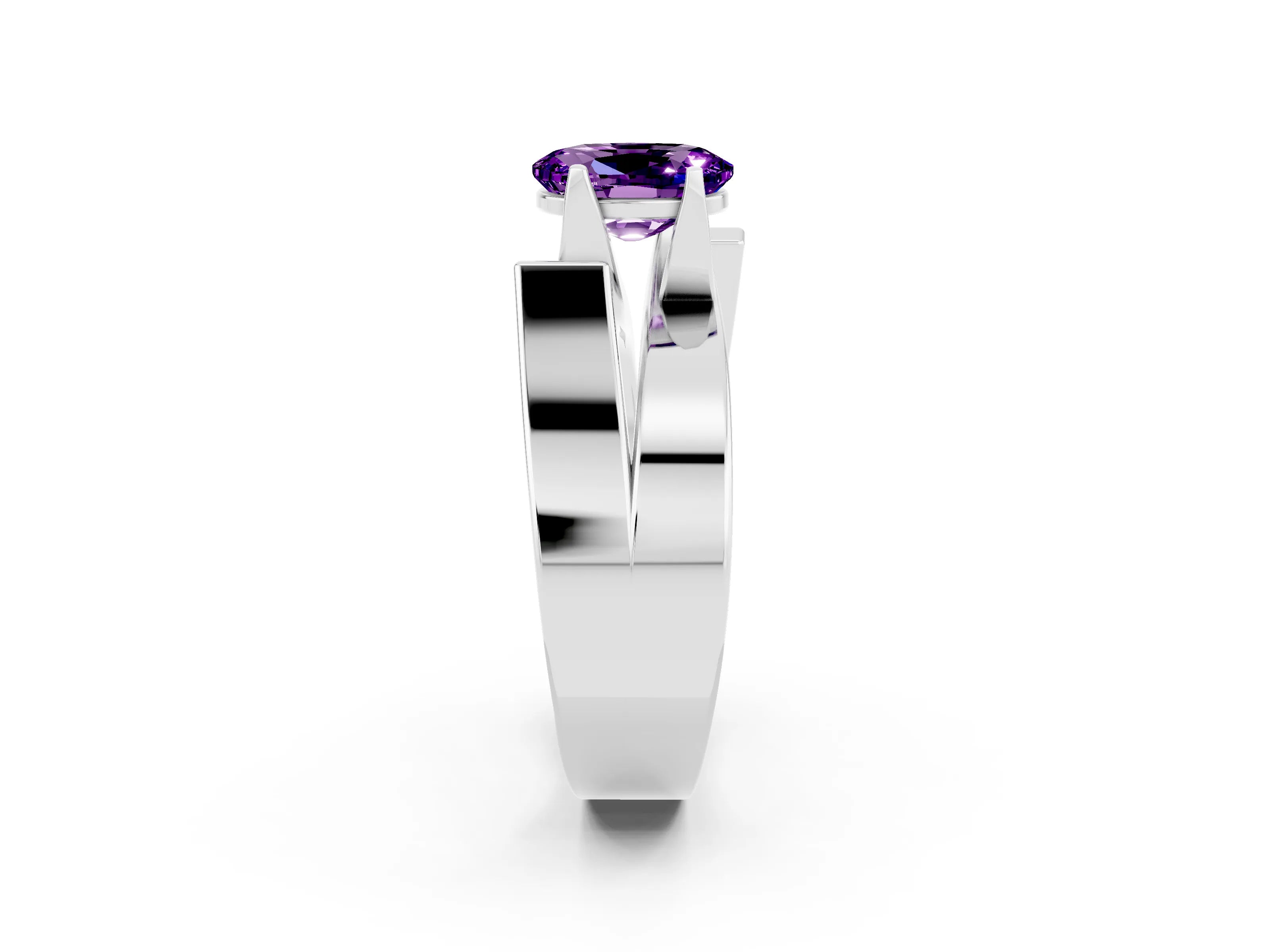 White gold Modern Tension Set Oval Cut Amethyst Solitaire Wide Band Ring_2