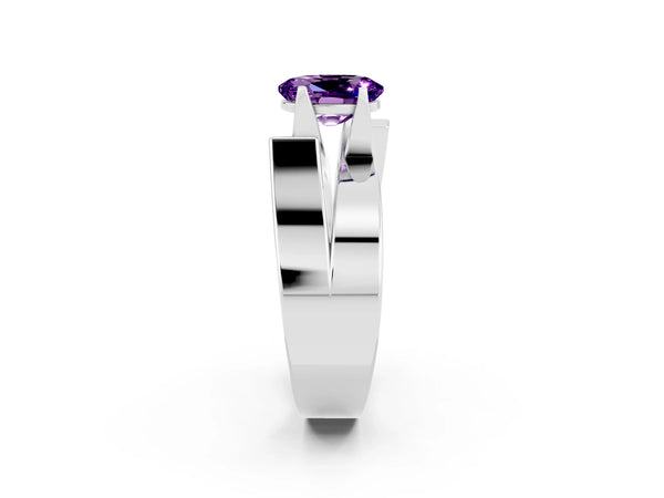 Platinum Modern Tension Set Oval Cut Amethyst Solitaire Wide Band Ring
