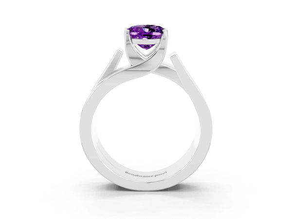 Platinum Modern Tension Set Oval Cut Amethyst Solitaire Wide Band Ring