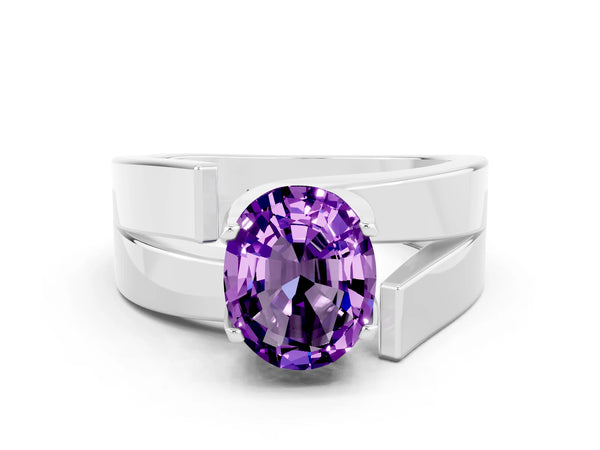 White gold Modern Tension Set Oval Cut Amethyst Solitaire Wide Band Ring