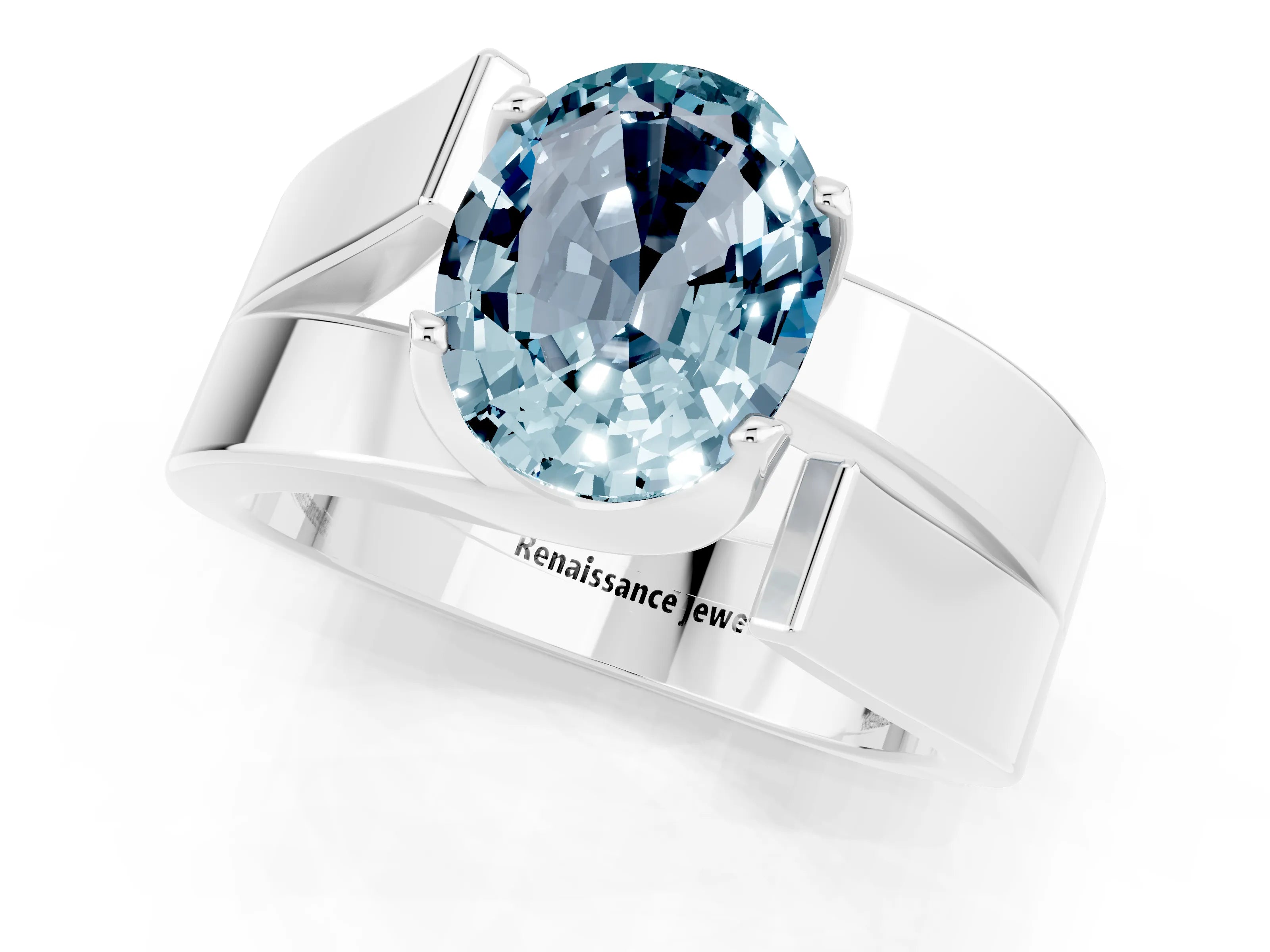 White gold Modern Tension Set Oval Cut Aquamarine Solitaire Wide Band Ring_1
