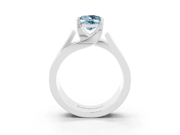 Silver Modern Tension Set Oval Cut Aquamarine Solitaire Wide Band Ring