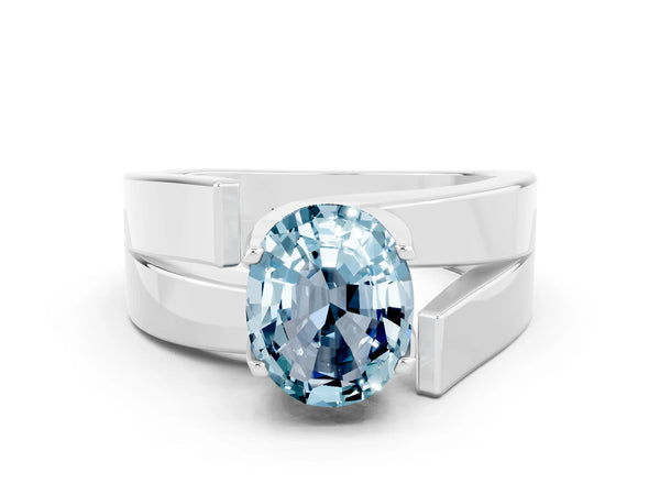 Silver Modern Tension Set Oval Cut Aquamarine Solitaire Wide Band Ring