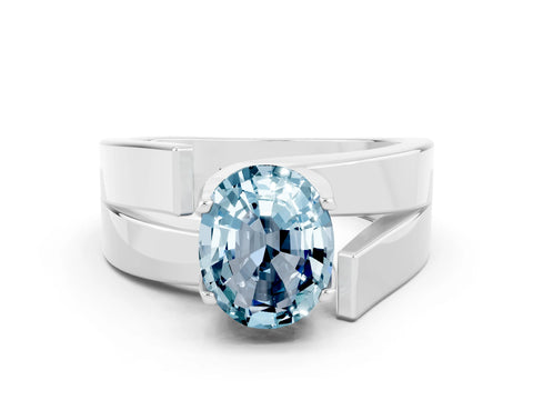 White gold Modern Tension Set Oval Cut Aquamarine Solitaire Wide Band Ring