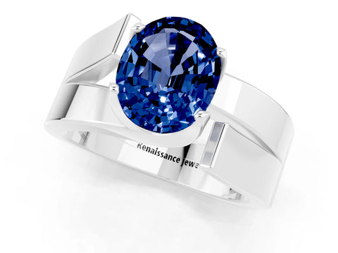 White gold Modern Tension Set Oval Cut Blue Sapphire Solitaire Wide Band Ring_1