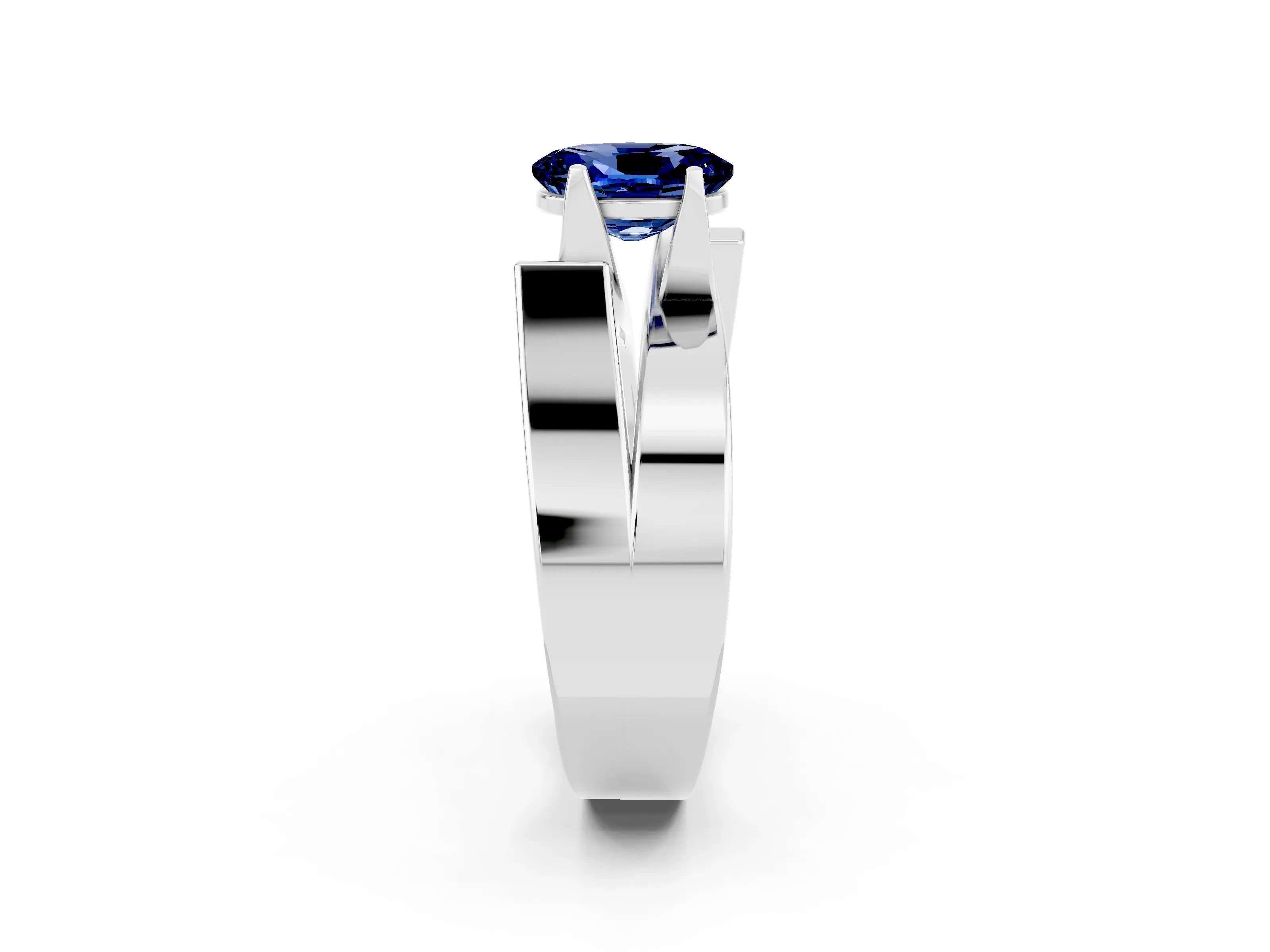 White gold Modern Tension Set Oval Cut Blue Sapphire Solitaire Wide Band Ring_2