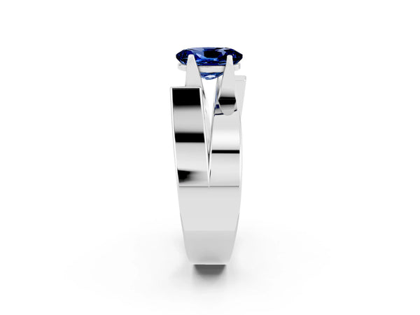 Silver Modern Tension Set Oval Cut Blue Sapphire Solitaire Wide Band Ring