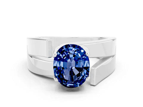 White gold Modern Tension Set Oval Cut Blue Sapphire Solitaire Wide Band Ring