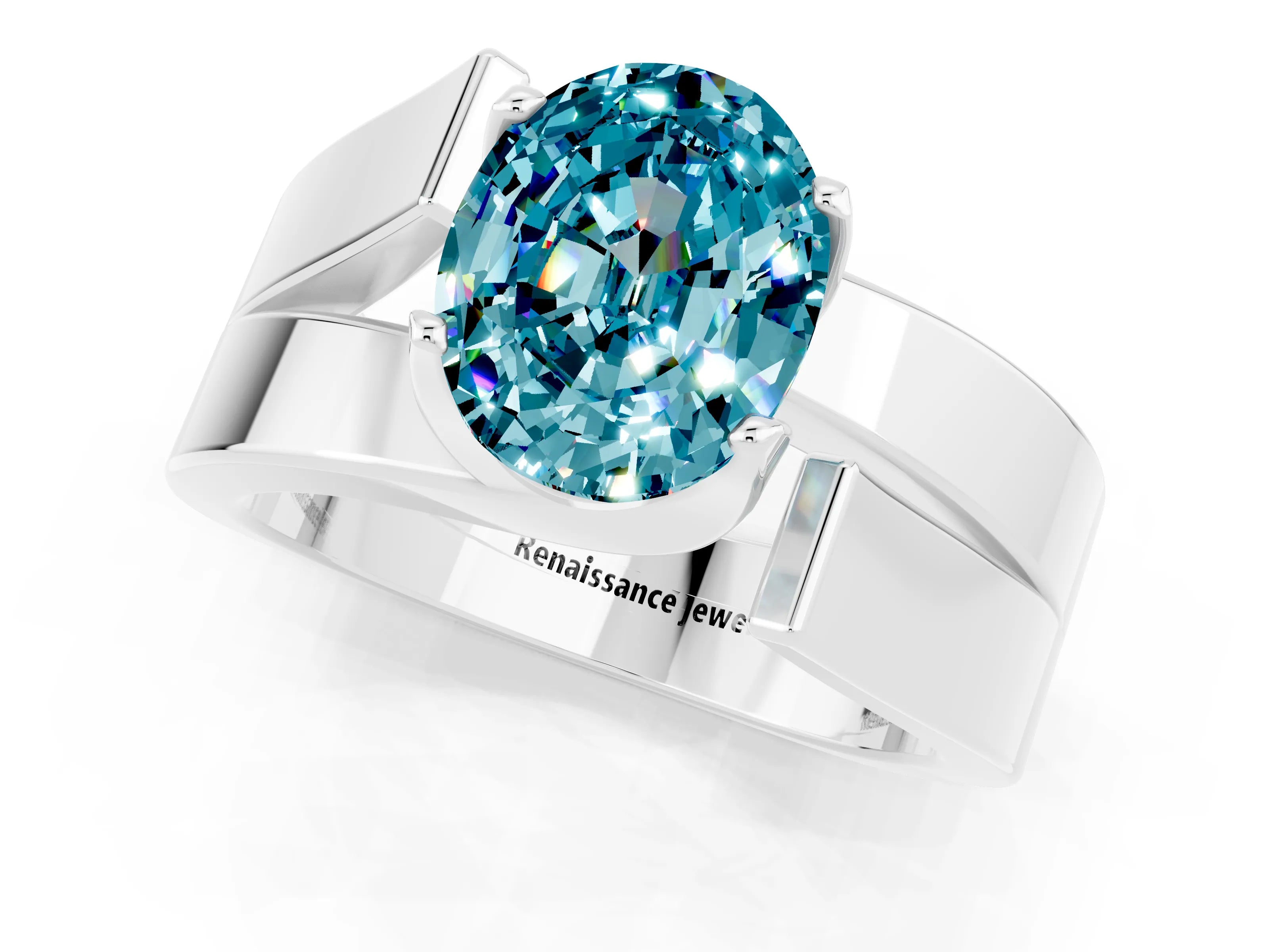 White gold Modern Tension Set Oval Cut Blue Topaz Solitaire Wide Band Ring_1