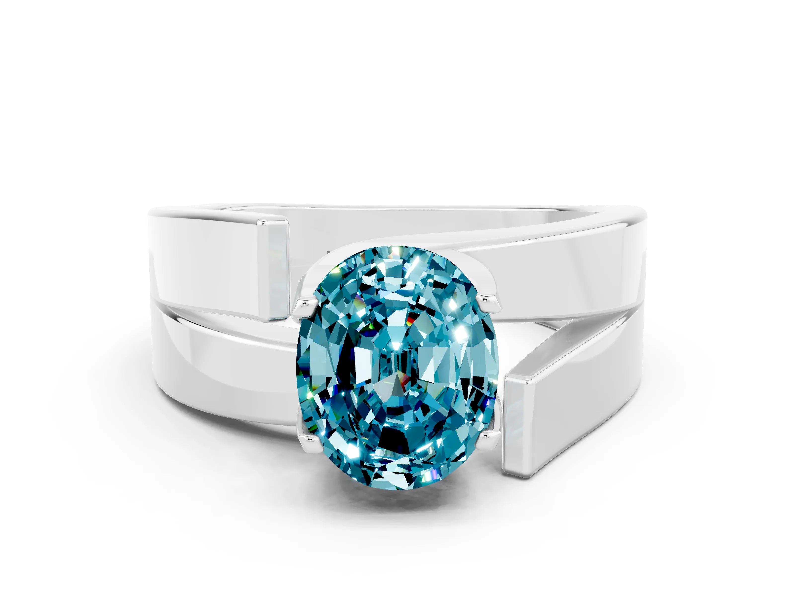 White gold Modern Tension Set Oval Cut Blue Topaz Solitaire Wide Band Ring