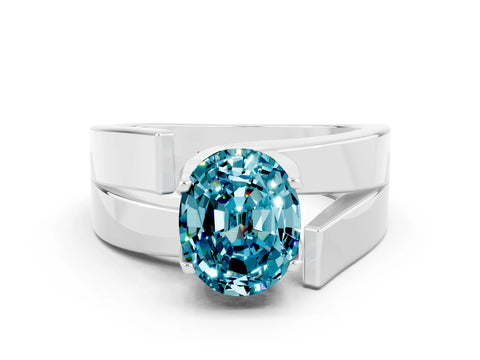 White gold Modern Tension Set Oval Cut Blue Topaz Solitaire Wide Band Ring