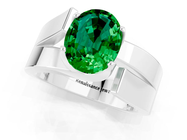 White gold Modern Tension Set Oval Cut Emerald Solitaire Wide Band Ring