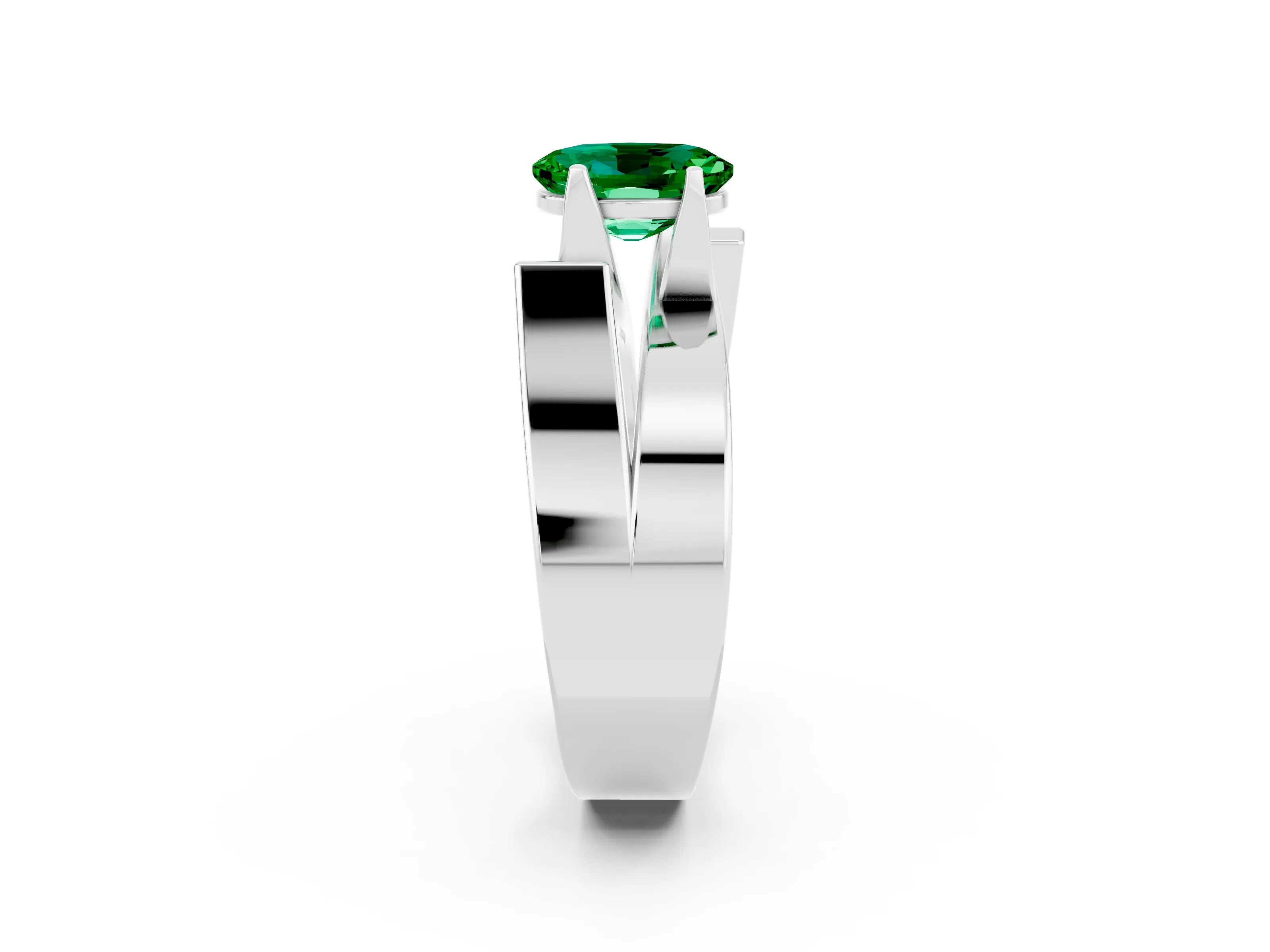 White gold Modern Tension Set Oval Cut Emerald Solitaire Wide Band Ring_2