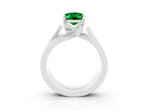 White gold Modern Tension Set Oval Cut Emerald Solitaire Wide Band Ring