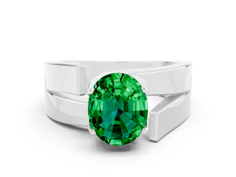 White gold Modern Tension Set Oval Cut Emerald Solitaire Wide Band Ring
