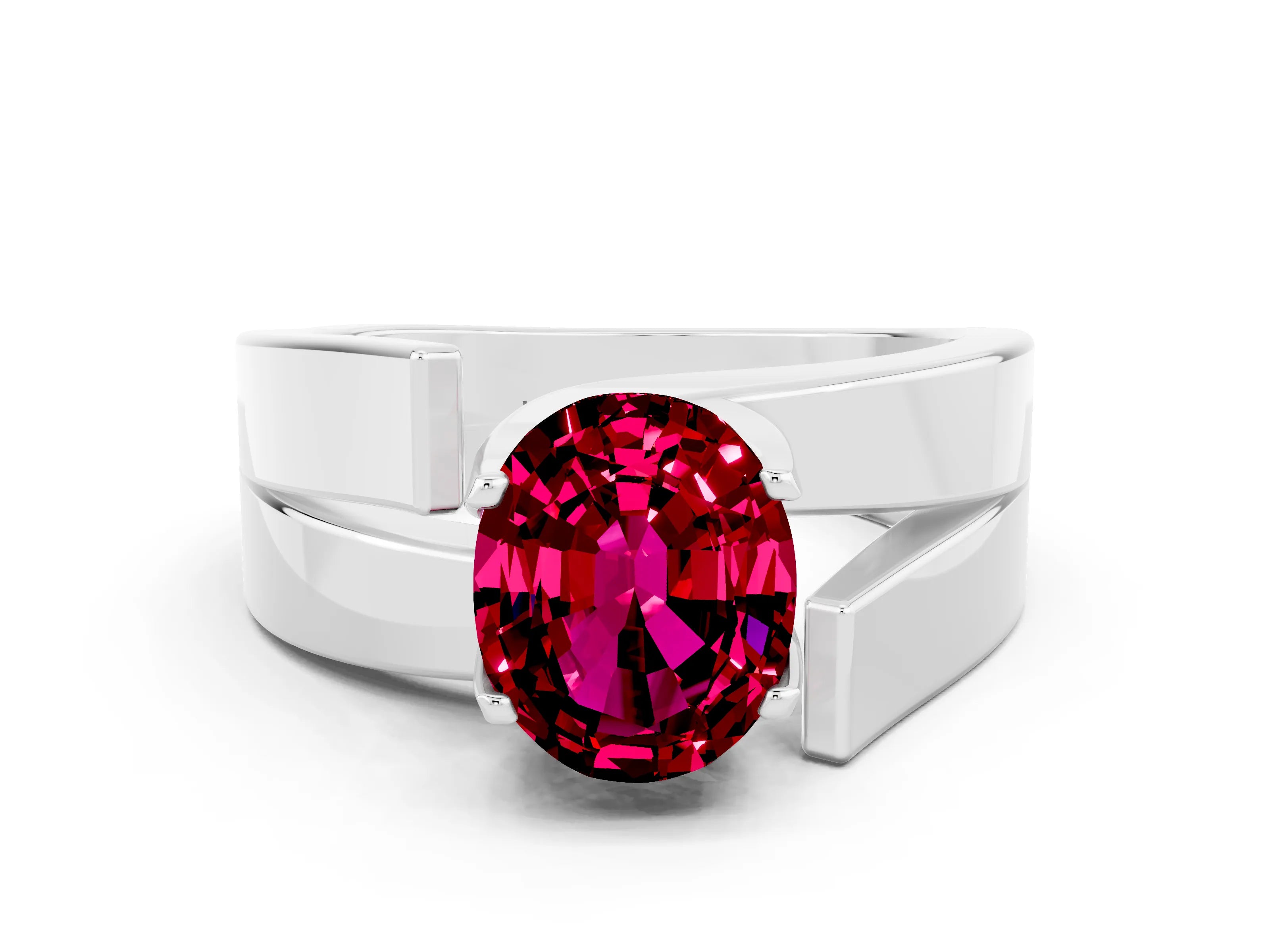 White gold Modern Tension Set Oval Cut Garnet Solitaire Wide Band Ring