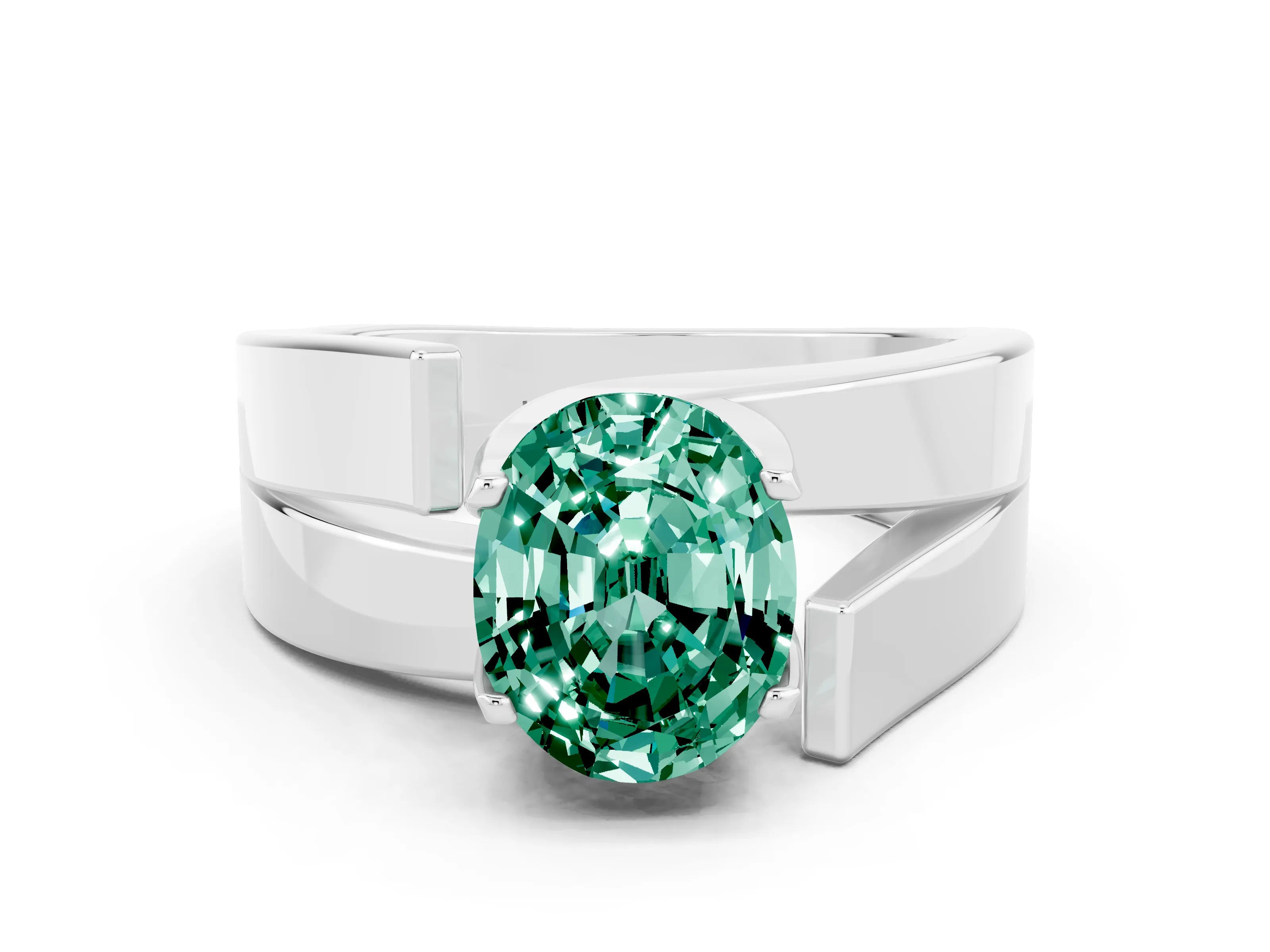 White gold Modern Tension Set Oval Cut Green Sapphire Solitaire Wide Band Ring