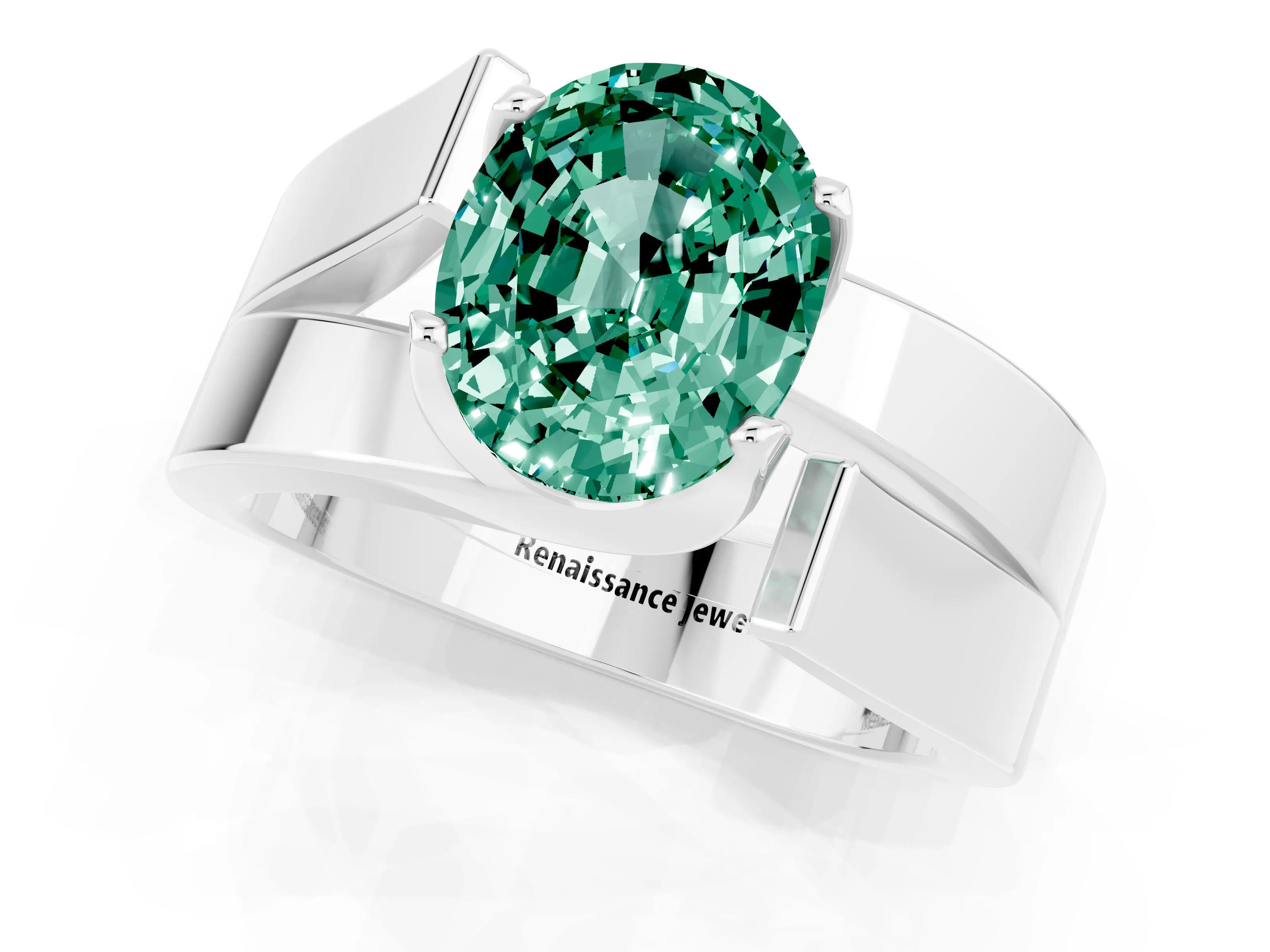 White gold Modern Tension Set Oval Cut Green Sapphire Solitaire Wide Band Ring_1