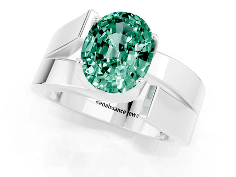 White gold Modern Tension Set Oval Cut Green Sapphire Solitaire Wide Band Ring_1