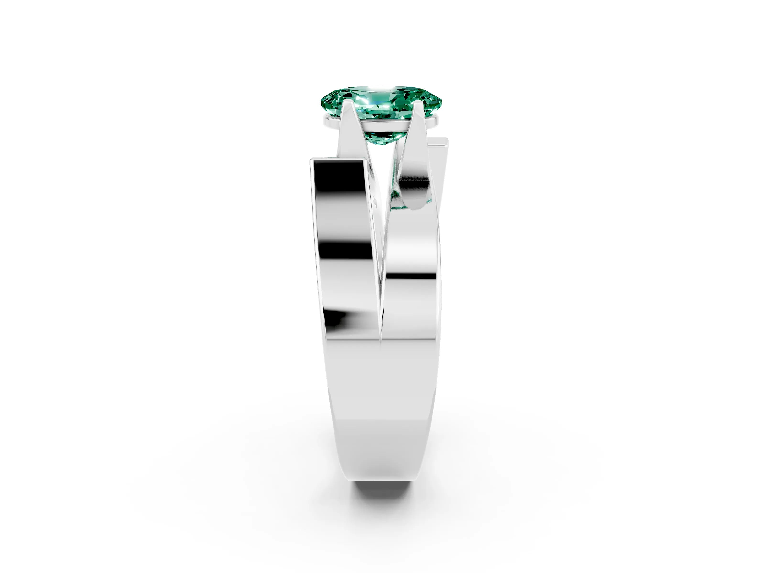 White gold Modern Tension Set Oval Cut Green Sapphire Solitaire Wide Band Ring_2