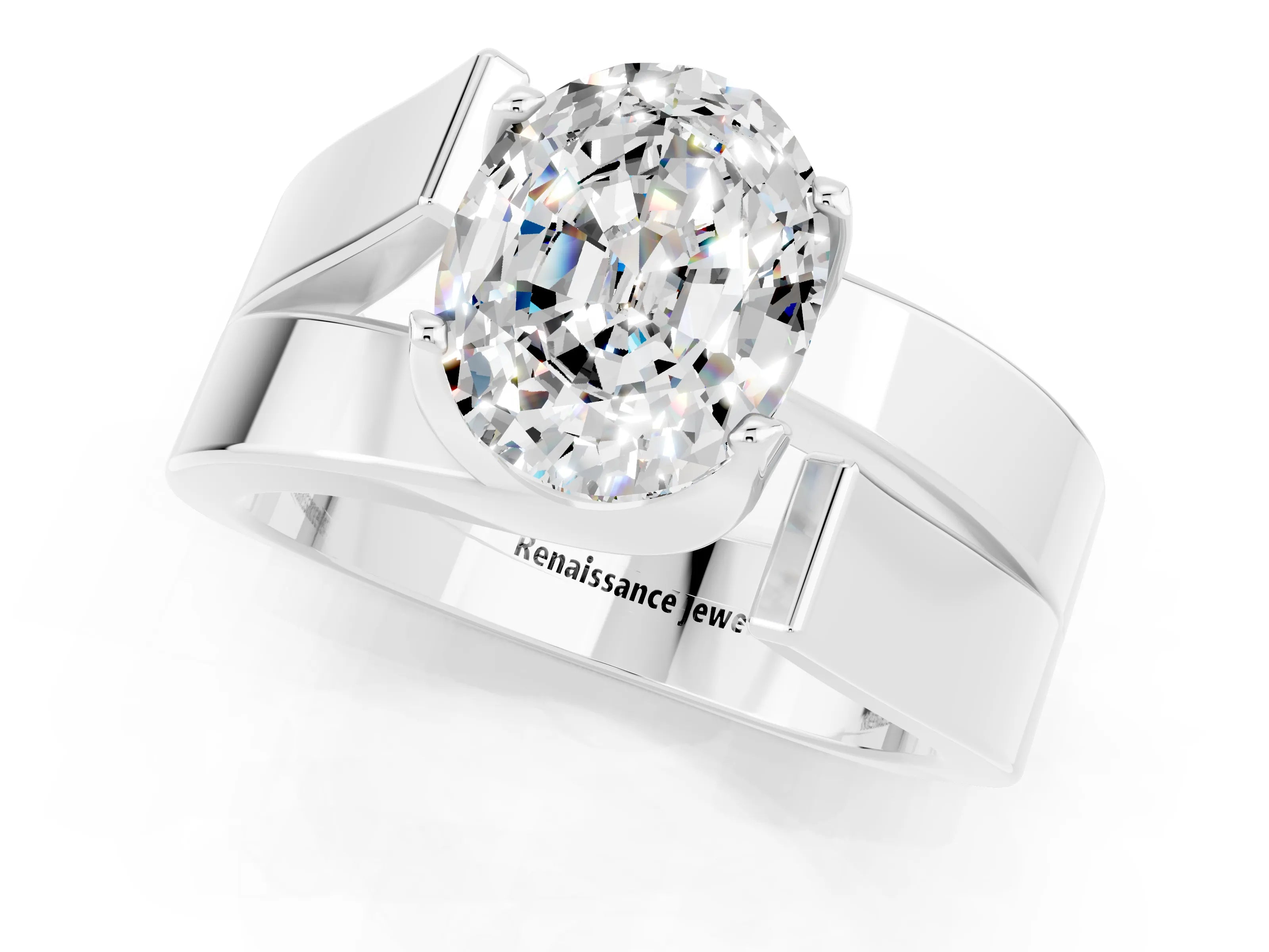 White gold Modern Tension Set Oval Cut Moissanite Solitaire Wide Band Ring_1