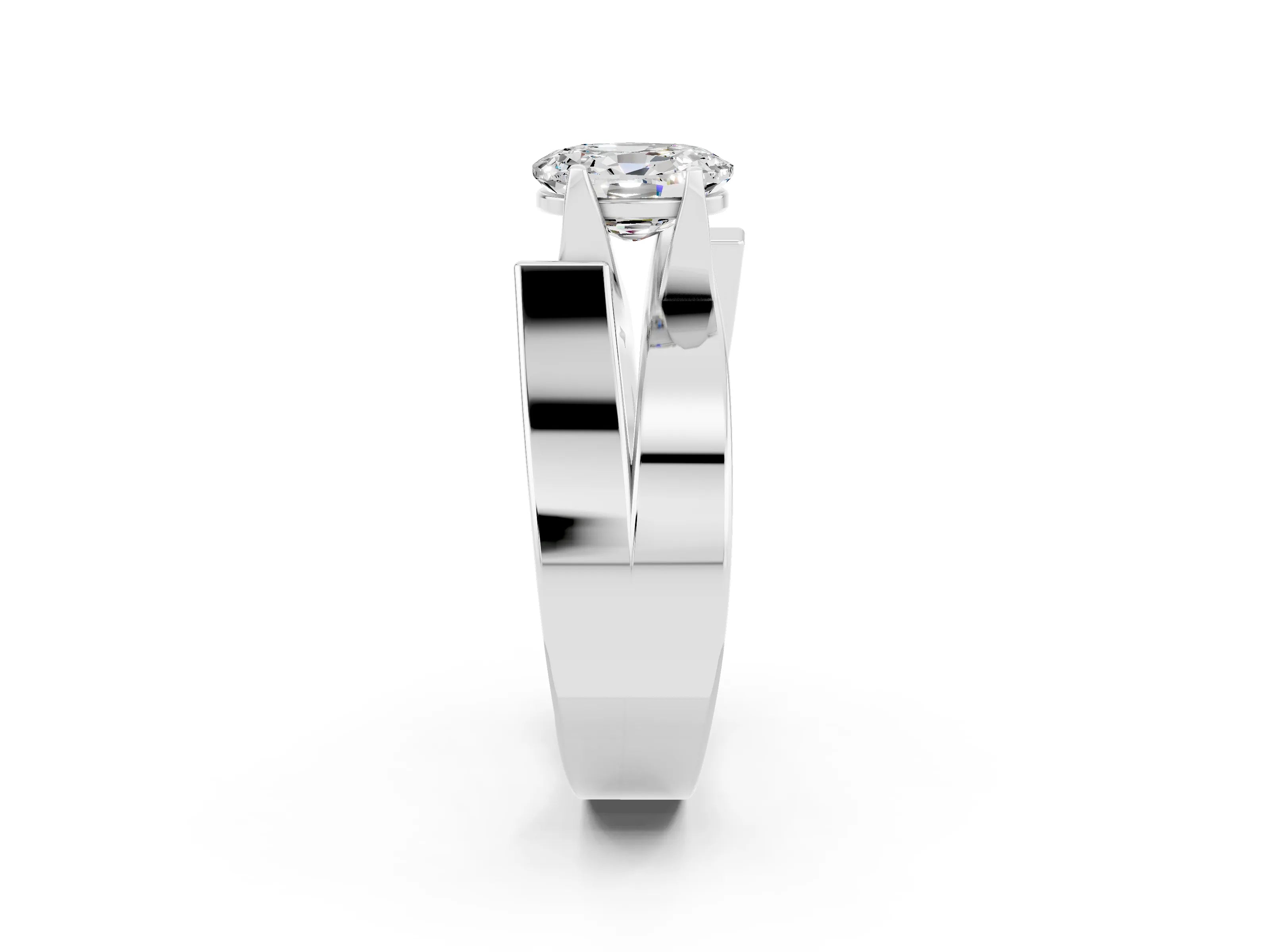 White gold Modern Tension Set Oval Cut Moissanite Solitaire Wide Band Ring_2