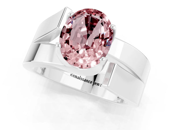White gold Modern Tension Set Oval Cut Morganite Solitaire Wide Band Ring